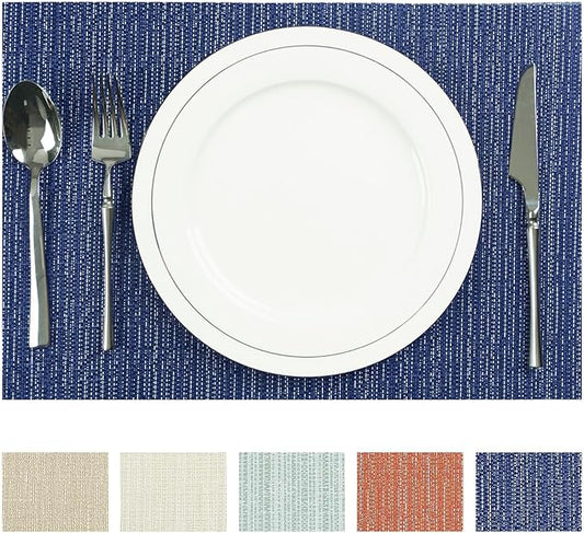 AHHFSMEI Placemats for Dining Table Set of 4 Woven Vinyl Plastic Place Mats Non-Slip Heat Insulation Stain Resistant Table Mats Washable Easy Clean Placemats (Multi Blue,4)