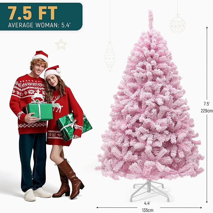 YITAHOME 7.5 FT Prelit Pink Flocked Christmas Tree, Pre-Lit Pink Spruce Artificial Christmas Tree with 1346 PVC Flocked Tips and 550 Warm-White Lights for Home, Office Decoration