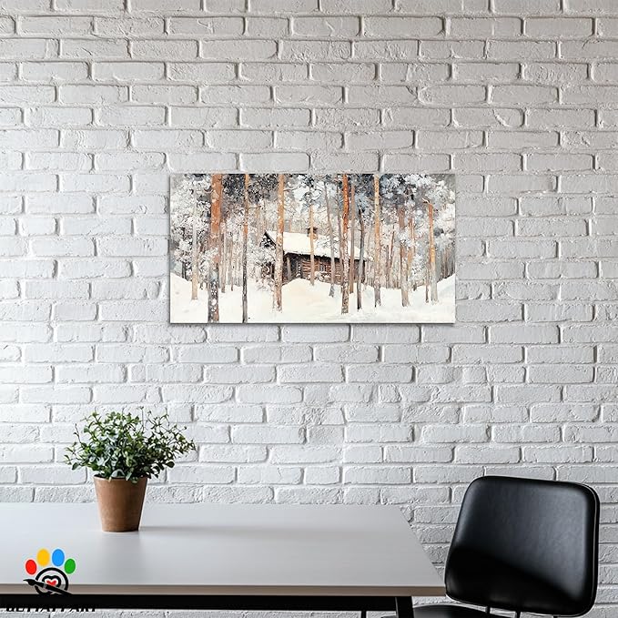 GUTTATY Winter Christmas Cabin Canvas Wall Art, Snow Forest Canvas Painting, Rustic Winter Scene Wall Decor, Textured Canvas Prints Pictures, Holiday Poster for Living Room, Bedroom, 24x12 Inch