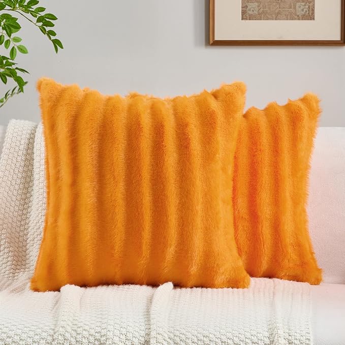 FUTEI Orange Decorative Throw Pillow Covers 26x26 Inch Set of 2,Soft Fluffy Faux Rabbit Fur Dyeing Striped Textured Euro Pillow Shams,Modern Home Decor for Couch Bed Living Room