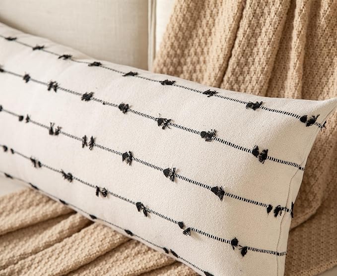 Caflife Boho Lumbar Throw Pillow Covers 14x36 inches Long, Farmhouse Decorative Body Pillow for Bed and Sofa, Living Room Home Decor Couch Black Lumbar Pillowcase, Pack of 1
