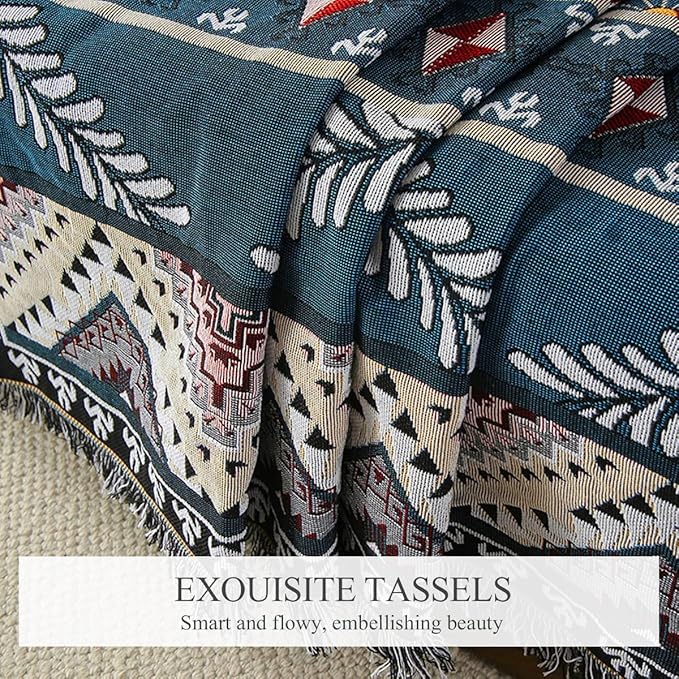 Double-Sided Cotton Woven Throw Blanket with Tassel Jungle Bohemian Style Tapestry Shawl Multi-Function Decorative Throws for Sofa Bed Armchair Camping Blanket Tablecloth Carpet 160x130cm