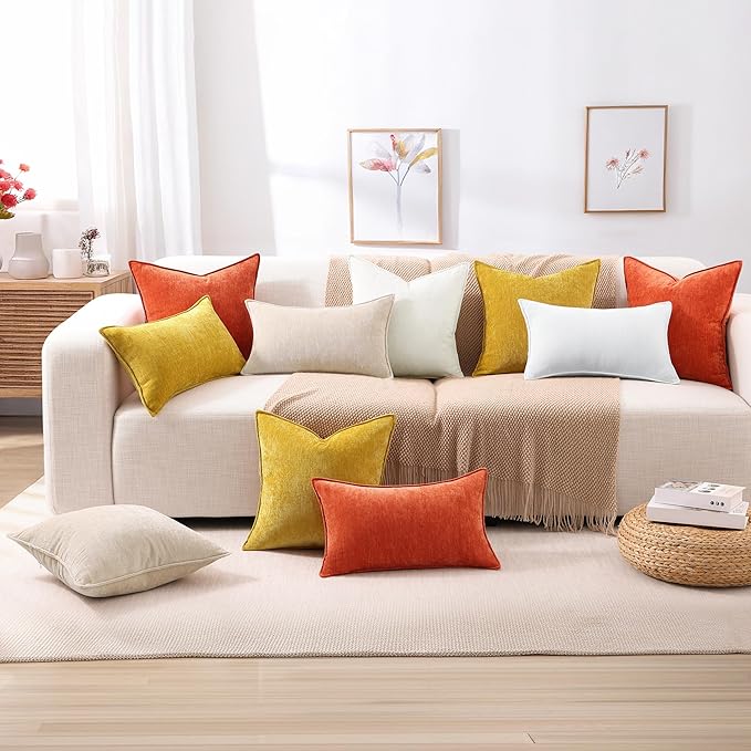 decorUhome Christmas Couch Throw Pillow Covers 24x24 Set of 2, Decorative Soft Euro Velvet Neutral Chenille Pillow Covers with Elegant Design for Sofa Bed Living Room Home Decor, Cream White