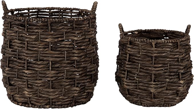 Kate and Laurel Livia Modern Two-Piece Woven Basket Set; 16 x 16 and 13 x 13; Warm Brown Water Hyacinth; Transitional Natural Wicker Baskets for Use as Woven Planters or Living Room Blanket Baskets