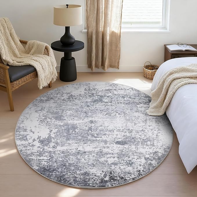 Modern Abstract 8x8 Round Area Rug Non Slip Non Shedding Rug Low Pile Stain Resistant for Bedroom Living Room Office Dining Room,Light Grey