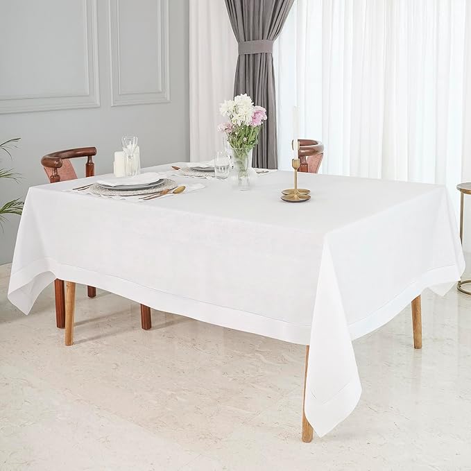 D'Moksha Homes White Linen Tablecloth 54 x 72 Inch - 100% Pure Linen White Table Cloth for Rectangle Tables - Classic Hemstitch, Machine Washable Tablecloth for Fall, Thanksgiving, Christmas, Holiday