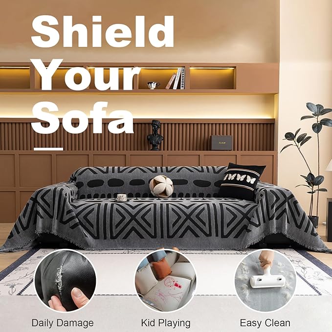 VClife Boho Couch Cover Soft Chenille Sofa Cover for Sofa Bed, 1 Piece XL Couch Covers for 3 Cushion Couch Sofa Washable Gray Black Jacquard Pattern Sofa Protector for Living Room 71''x134''