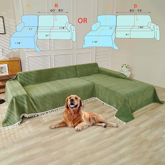 HANDONTIME Christmas Green Sofa Cover Vintage Couch Cover for Dogs 71" X118" Couch Cushion Covers with Tassel Sofa Cover Boho Sofa Covers for 3 Cushion Couch Chenille Soft Loveseat Sofa Covers