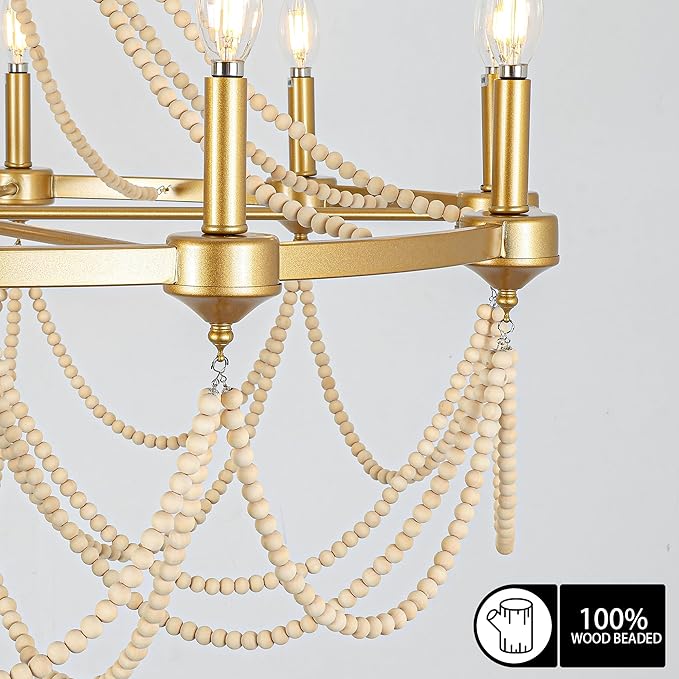 COCOSTAR Large Beaded Dining Room Chandelier,36" French Country Gold Chandeliers,Adjustable Height Modern Bohemia Pendant Light for Villa Hotel -E12 Candle Wagon Wheel Design
