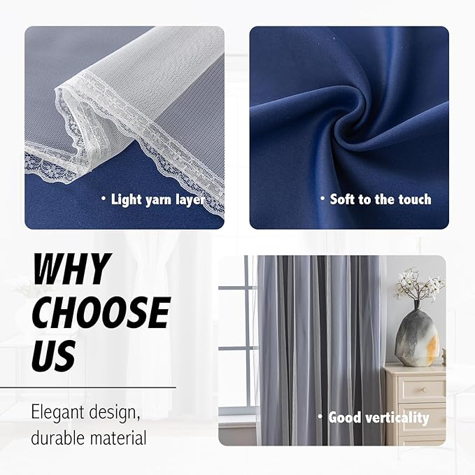 Anytime Home Curtains Blackout and Sheer Layered Solid Window Curtain Panel Pair with Grommet Top, 52Wx95L,Navy Blue