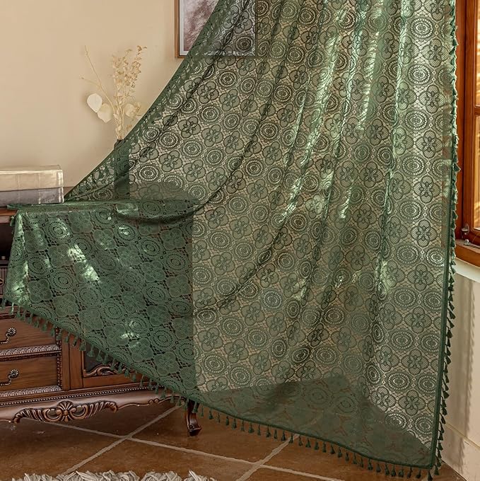 Green Crochet Curtain 72 Inches Long Vintage Boho Sheer Lace Curtains with Tassels Rod Rustic Farmhouse Drapes for Living Bedroom Office Bohemian Neutral Aesthetic Décor 59" W x 72" L, Dark Green