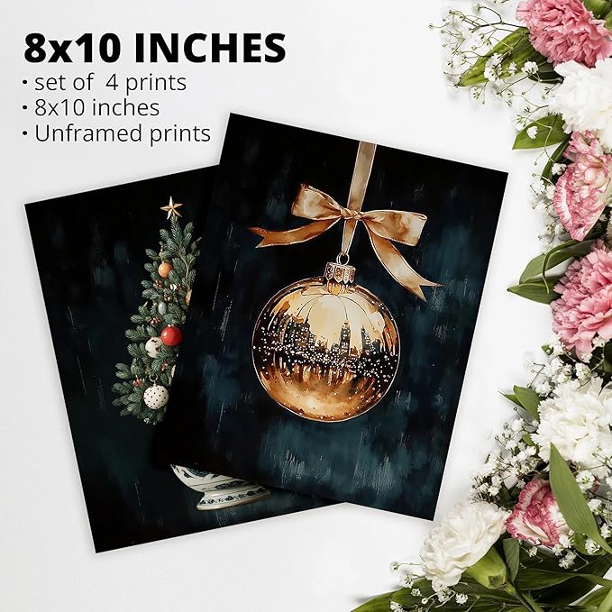 AEHIE Dark Moody Christmas Wall Art Poster Prints for Home Room Bedroom Decor, Dark Academia Christmas Decor, Winter Bauble Ball Ornament Bell Mistletoe Holiday Prints Wall Art Unframed 4pcs 8x10inch