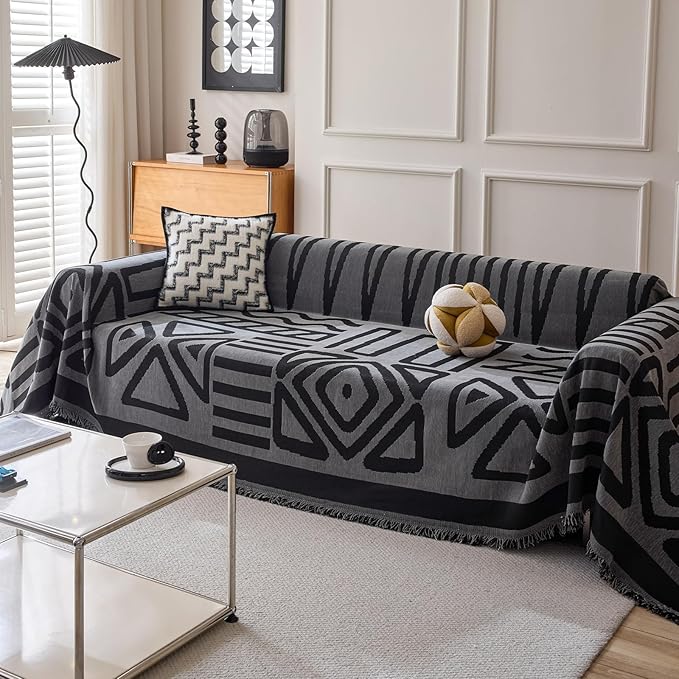DREAMINGO Boho Couch Cover Washable Chenille Sofa Cover Blanket Dark Grey Black Furniture Protector for Sectional 3 Cushion Couch Reversible Geometric Sofa Slipcover, X-Large 71"x134"