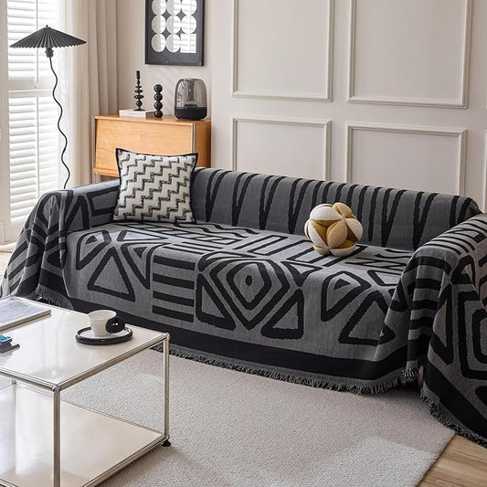 DREAMINGO Boho Couch Cover Washable Chenille Sofa Cover Blanket Dark Grey Black Furniture Protector for Sectional 3 Cushion Couch Reversible Geometric Sofa Slipcover, X-Large 71"x134"