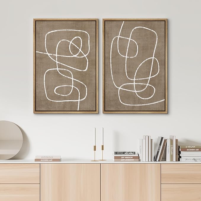 SIGNWIN Framed Canvas Print Wall Art Set Geometric Mid-Century Spiral Collage Abstract Shapes Cozy Neutral Minimal Decorative Nordic Zen Bohemian for Living Room, Bedroom, Office - 24"x36"x2 Natural