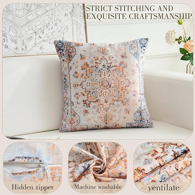 Boho Throw Pillow Covers 24x24 inch Set of 2,Boho Vintage Carpet Pattern Antique Ethnic Decor Double Sided Pattern Cushion Cover Soft Pillow Case Living Sofa Room Bed Square Pillow Cover