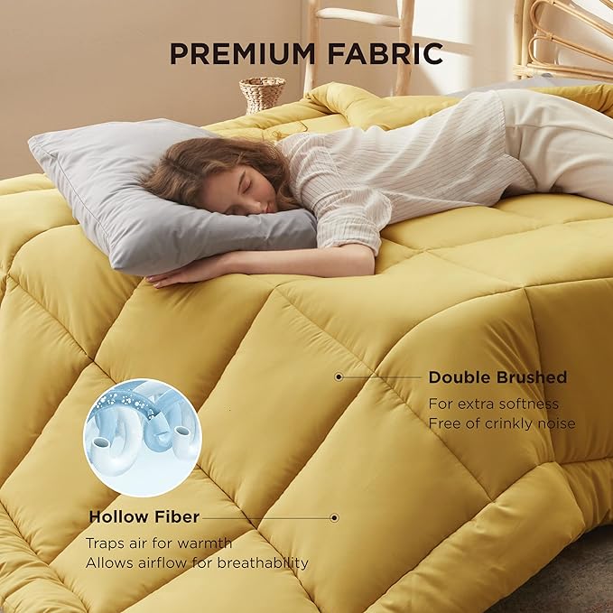 Bedsure Comforter Duvet Insert - Quilted Comforters Twin Size, All Season Duvet, GentleSoft Down Alternative Bedding, with 8 Tabs, Gifts for Women/Men, Mustard Yellow, Twin 88 x 68 Inches