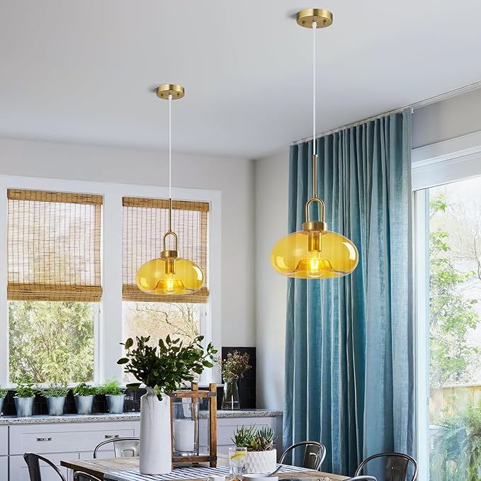 Yellow Glass Pendant Lights Kitchen Island Gold Pendant Light Fixtures Adjustable Height Modern Pendant Lighting for Bedroom Dining Room (11.02 in 1-Pack)