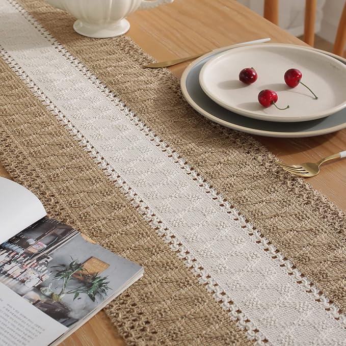 Boho Burlap Macrame Table Runner, Farmhouse Style Cotton Linen Rustic Woven Table Runner with Tassels for Dining, Wedding, Bridal Shower, Bohemian (12x108 inch, Off-White Stripe)