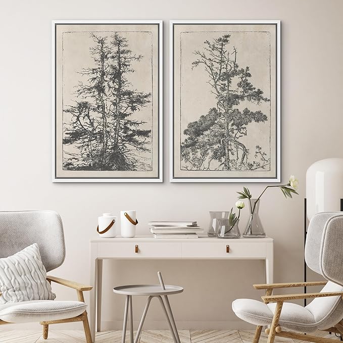 SIGNWIN Framed Canvas Print Wall Art Set Vintage Botanical Tree Sketches Illustrations Modern Art Minimal Boho Relax/Calm for Living Room, Bedroom, Office - 24"x36"x2 White