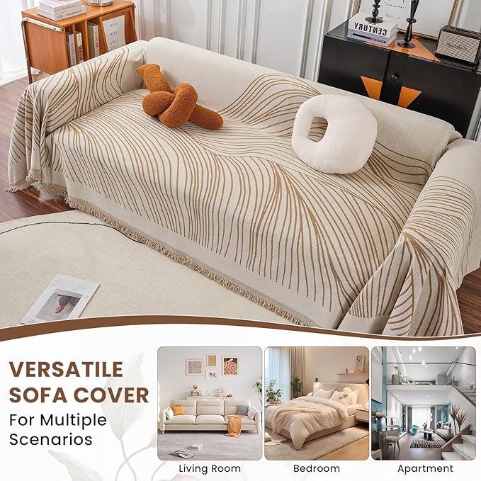 VClife XL Sofa Cover Chenille Couch Cover for 3 Cushion Couch Sofa, Modern Beige Khaki Striped Couch Covers for Kids Washable Sectional Sofa Protector with Tassel 71"X134"