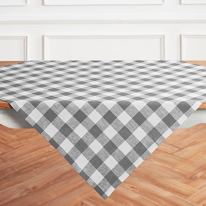 Solino Home Linen Checkered Tablecloth 52 x 52 Inch - 100% Pure Linen Grey and White Square Table Cloth - Machine Washable Buffalo Plaid Table Throw for Fall, Autumn, Thanksgiving, Christmas, Winter