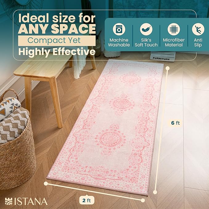 Istana Hallway Runner Rug 2x6 - Pink Kitchen Rugs Non Slip Washable -Silk's Soft Touch Carpet Runner - Stylish Rug Runner for Home