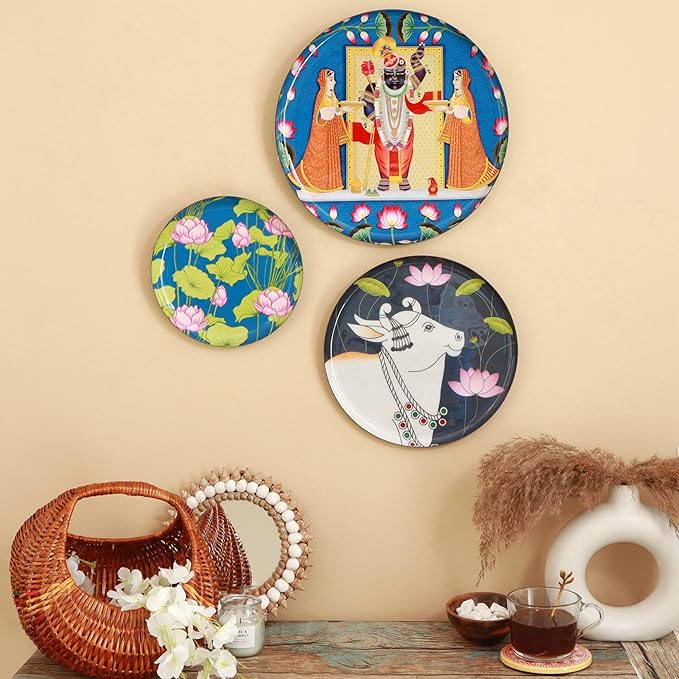 RITUALISTIC Pichwai Iron Wall Art Plates – Set of 3 Decorative Plates | Indian Wall Art for Home Decor | Wall Decor for Living Room & Bedroom | Handcrafted Metal Wall Hanging | Christmas gifts