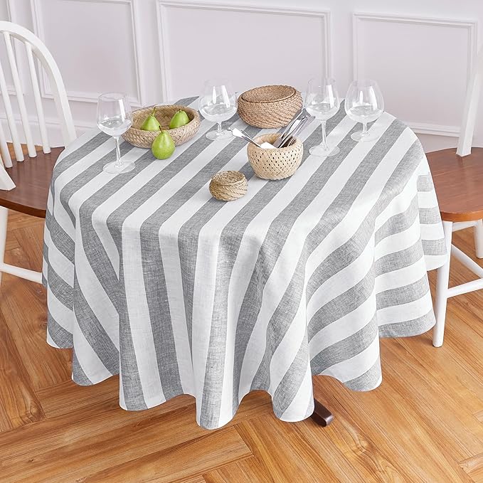 Solino Home Linen 60 Inch Round Tablecloth - Cabana Stripe, 100% Pure Linen Grey and White Round Tablecloth - Machine Washable Table Cloth for Fall, Autumn, Thanksgiving, Winter