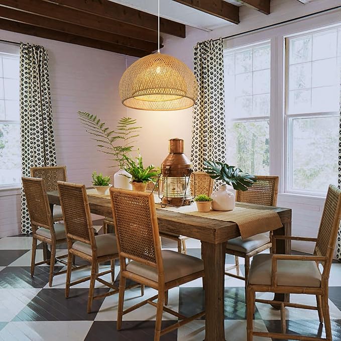 Arturesthome Bamboo Pendant Light for Kitchen Island, 17.6" Wicker Chandelier Lighting, Handmade Woven Hanging Ceiling Light Lampshade for Living Room Bedroom