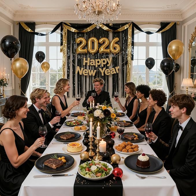 KIRE 175Pcs Black Plates Disposable - Heavy Duty Black and Gold Plastic Plates- 25 for Dinner 25 for Dessert 25 Pre Rolled Gold Silverware and 25 Cups for New Year/Birthday Party