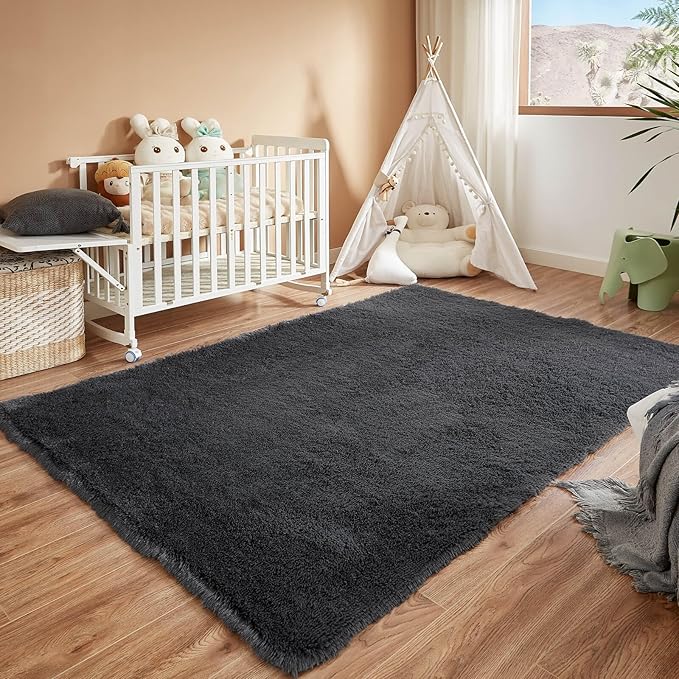 Floralux Ultra Soft 5x7 Area Rugs for Living Room Bedroom, Dark Grey, Shag Plush Rug for Playroom, Modern Shaggy Carpet for Beside Bed, Teens Dorm, Nursery, Home Decor Aesthetic