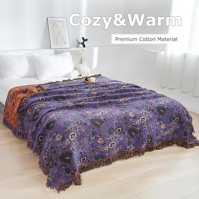 Boho Throw Blanket for Bed 100% Cotton Ultra Soft Rustic Quilt Farmhouse Decor Bed Fall Blanket,All Season Rustic Throw for Sofa Couch Chair (Flower-Purple, 60"×80")