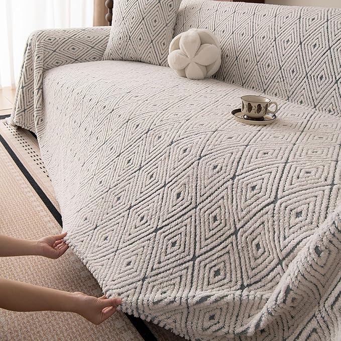 ROOMLIFE Striped Boho Blue Couch Cover for 2-3 Cushion Sofa, Fuzzy Plush Warm Sofa Slipcovers Sectional Sofas Covers, Non Slip Washable Furniture Protector Soft with Tassel,Winter 71''X150”