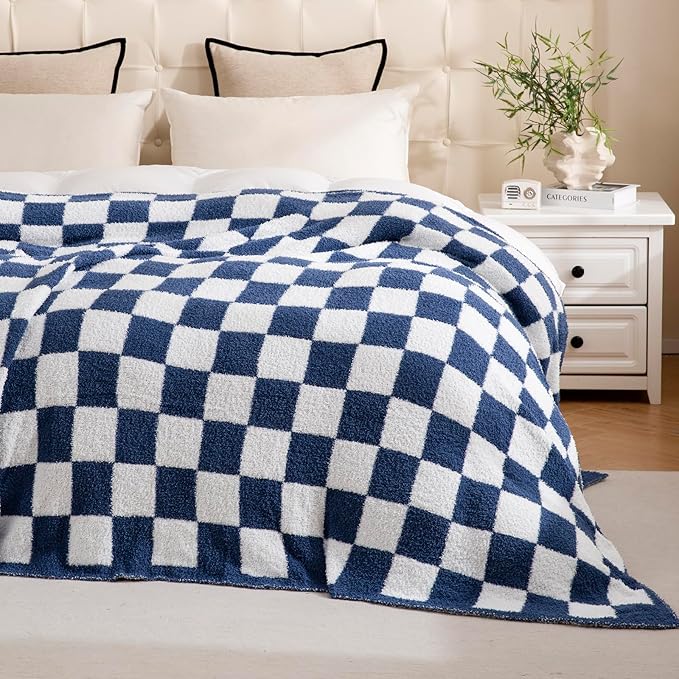 YIRUIO Throw Blanket Checkered Chessboard Fluffy Fuzzy Warmer Comfort Reversible Super Soft Cozy for Home Decor Bed Couch Sofa Living Room (Bluey, 51''x63'')