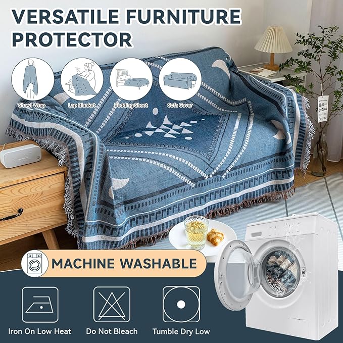 VClife Boho Couch Cover White Blue Plaid Stripe Couch Cover Washable L Shape Sofa Cover Thick Breathable Non Slip Sectional Couch Covers Dog Reversible XXL Sofa Slipcover Furniture Protector Cover