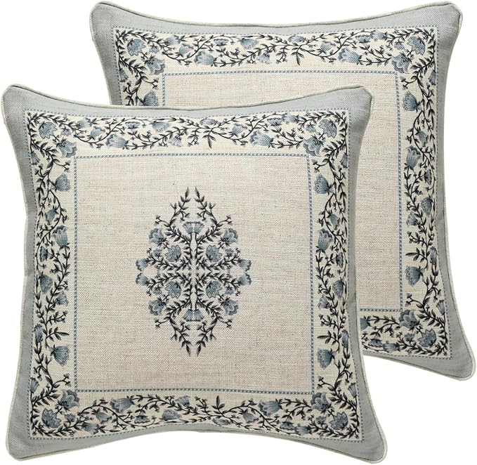 ISAENNE Design Linen Square Throw Pillow Covers 18"x18" Pack of 2, Cottage Farmhouse Cushion Covers with Blue Grey Thorn Vine Pattern Decoration Pillowcases for Bed, Living Room, Outdoor, Car