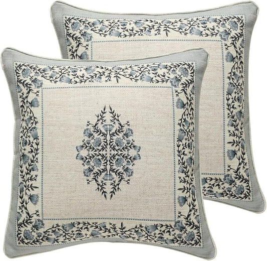 ISAENNE Design Linen Square Throw Pillow Covers 18"x18" Pack of 2, Cottage Farmhouse Cushion Covers with Blue Grey Thorn Vine Pattern Decoration Pillowcases for Bed, Living Room, Outdoor, Car