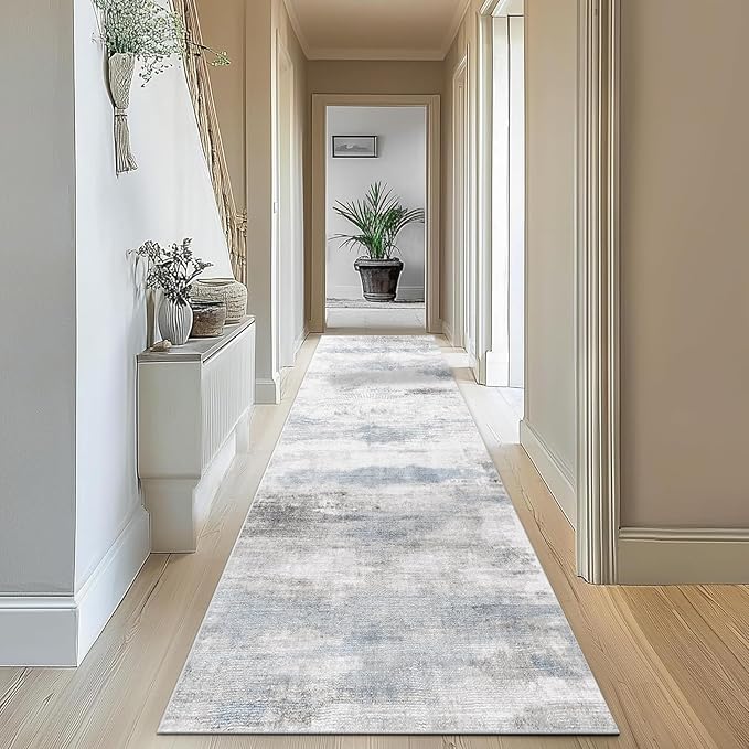 Enkor Runner Rugs for Hallway, 2'7"x10'6" Washable Soft Non Slip Abstract Rugs for Kitchen, Modern Mat for Entryway Living Room Bedroom Blue & Grey