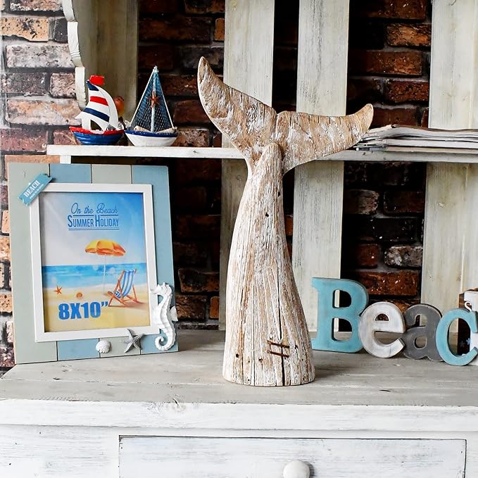 Morning View Whale Tail Decor Tabletop Nautical Decor Wood Whale Sculpture Rustic Whale Tail Statue Carved Figurine Coastal Home Beach House Decor Ocean Mediterranean for Shelf Bathroom 19.5 Inch Tall