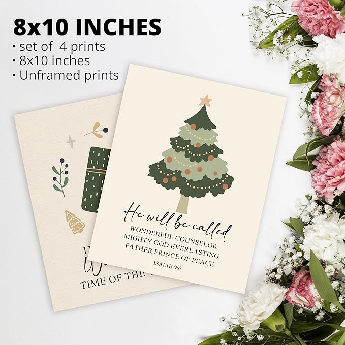 AEHIE Christian Christmas Wall Art Poster Prints for Home Bedroom Living Room,Bible Verse Winter Xmas Poster Prints, Boho Winter Xmas Tree Holiday Christian Bible Wall Art Unframed 4pcs 8x10inch