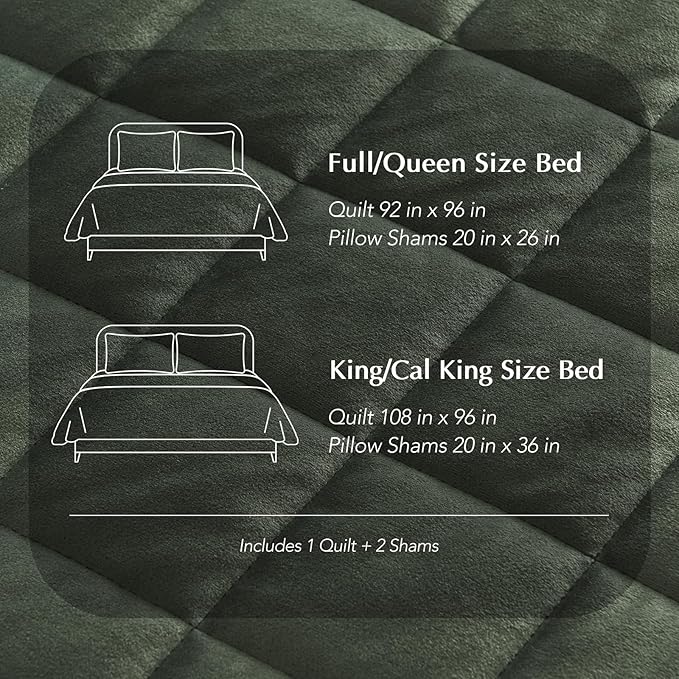 EVERGRACE Pearl Velvet Quilt Set King Size, Luxurious Soft Velvet Comforter Set, Lightweight Oversized Bedspread Coverlet, Box Stitch Quilted Bedding Sets for All Season, with 2 Shams, Olive Green