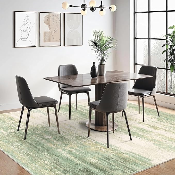 5x7 Modern Abstract Rug Washable Area Rugs for Living Room Bedroom Dining Room Non-Slip Low Pile Neutral Large Rug Soft Indoor Floor Carpet, Green