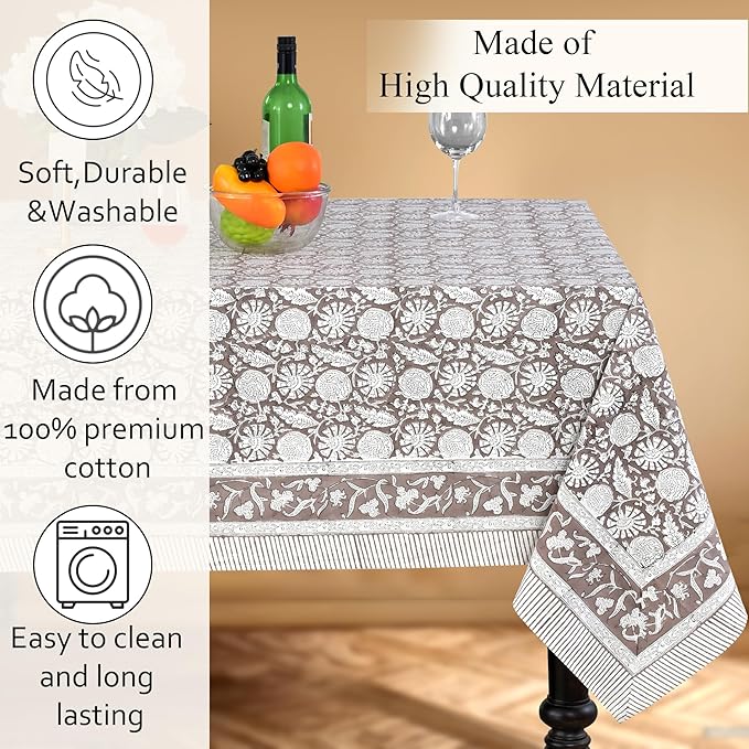 CPC Rustic Brown Tablecloth 100% Cotton 60x90 Inch Indian Block Print Rectangle Table Cover, Table Cloth for Gifting in Weddings, Halloween, Fall, Christmas, Thanksgiving