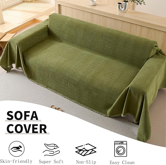 100% Waterproof Couch Cover for Pets Washable Sofa Covers for 3-4 Cushion Couch Sofa SlipCover for Dogs Pet-Friendly Furniture Protector for Living Room with Tassel(71" x 134", Green)