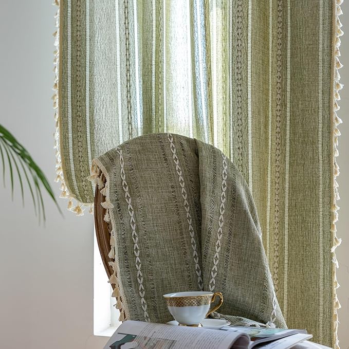 Sutuo Home Green Boho Curtains 102 inches Long for Bedroom Living Room Nursery Room, Semi Blackout Linen Farmhouse Tassels Window Treatment Bohemian Embroidery Drape, Rod Pocket 1 Panel 52" W x 102" L