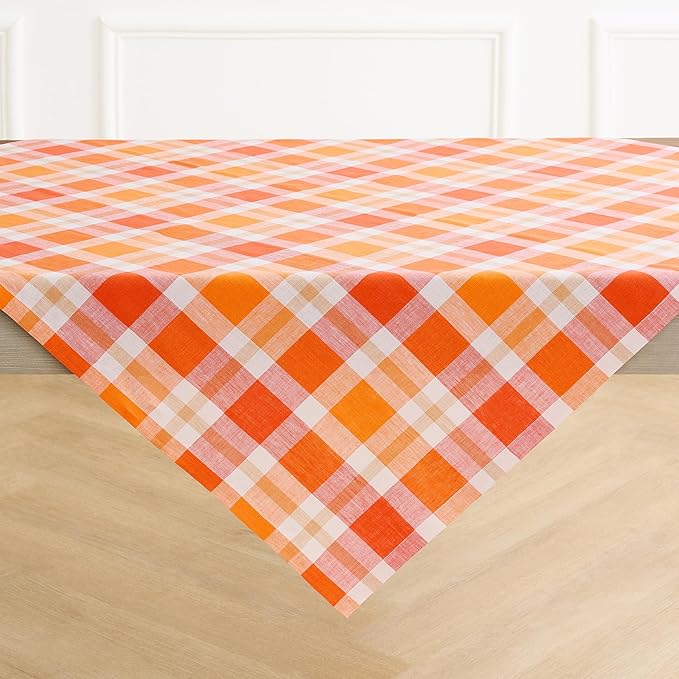 Solino Home Linen Plaid Square Tablecloth 52 x 52 Inch - 100% Pure Linen Pumpkin Table Throw - Autumn, Thanksgiving, Holiday, Fall Buffalo Check Machine Washable Table Cloth
