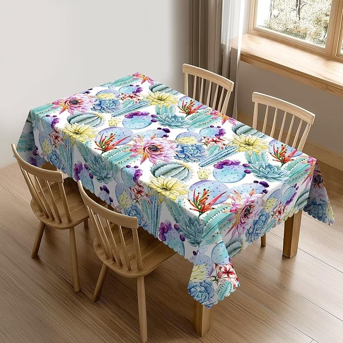 Cactus Table Cloth for Dining Tables, Reusable Blue Succulents Flowers Bloom Vibrant Watercolor Plant Tablecloths Decoration Tabletop Rectangle Table Cover for Kitchen,Party,Banquet,54x72In