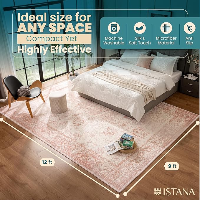 Istana 9x12 Area Rug - Pink 9 x 12 Area Rugs for Living Room - Foldable 9x12 Rugs for Bedroom/Living Room Rug - Stain Resistant Washable Rugs - Eco-Friendly Area Rugs