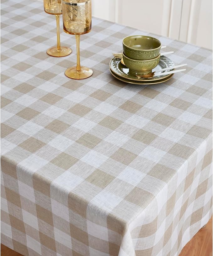 Solino Home Linen Checkered Tablecloth 60 x 108 Inch - 100% Pure Linen Buffalo Plaid Natural and White Table Cloth for Rectangular Tables - Machine Washable Tablecloth for Fall, Autumn, Thanksgiving